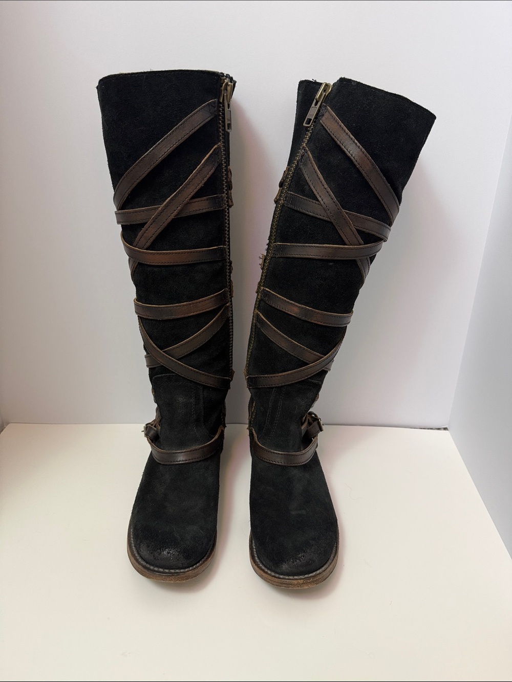 Freebird Women’s Black Garret Suede Tall Boots with Brown Straps‎ Size 7